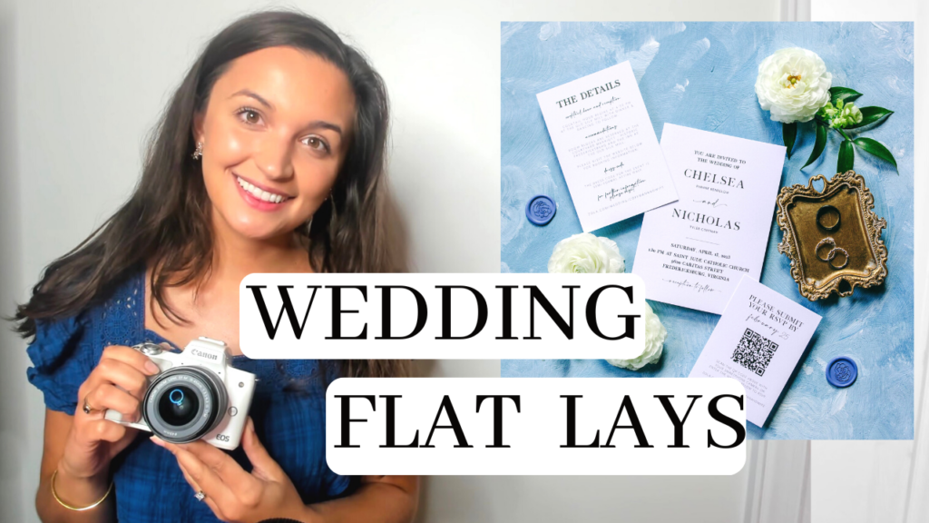 girl photographer holding up camera demonstrating how to photograph a wedding flat lay