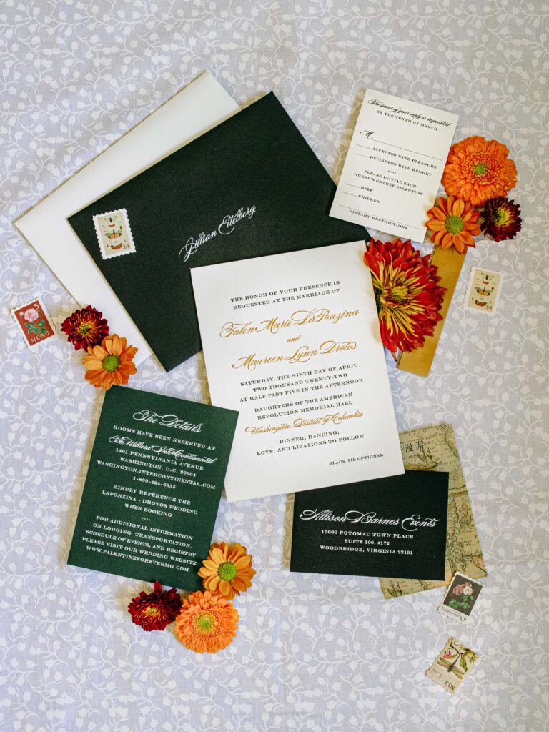 a wedding flat lay with a patterned white background